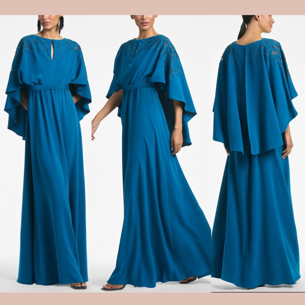 NWT‎ $1295 Sachin & Babi [ 2 ] Wren Cape Sleeve Maxi Gown in Moroccan Blue S1788